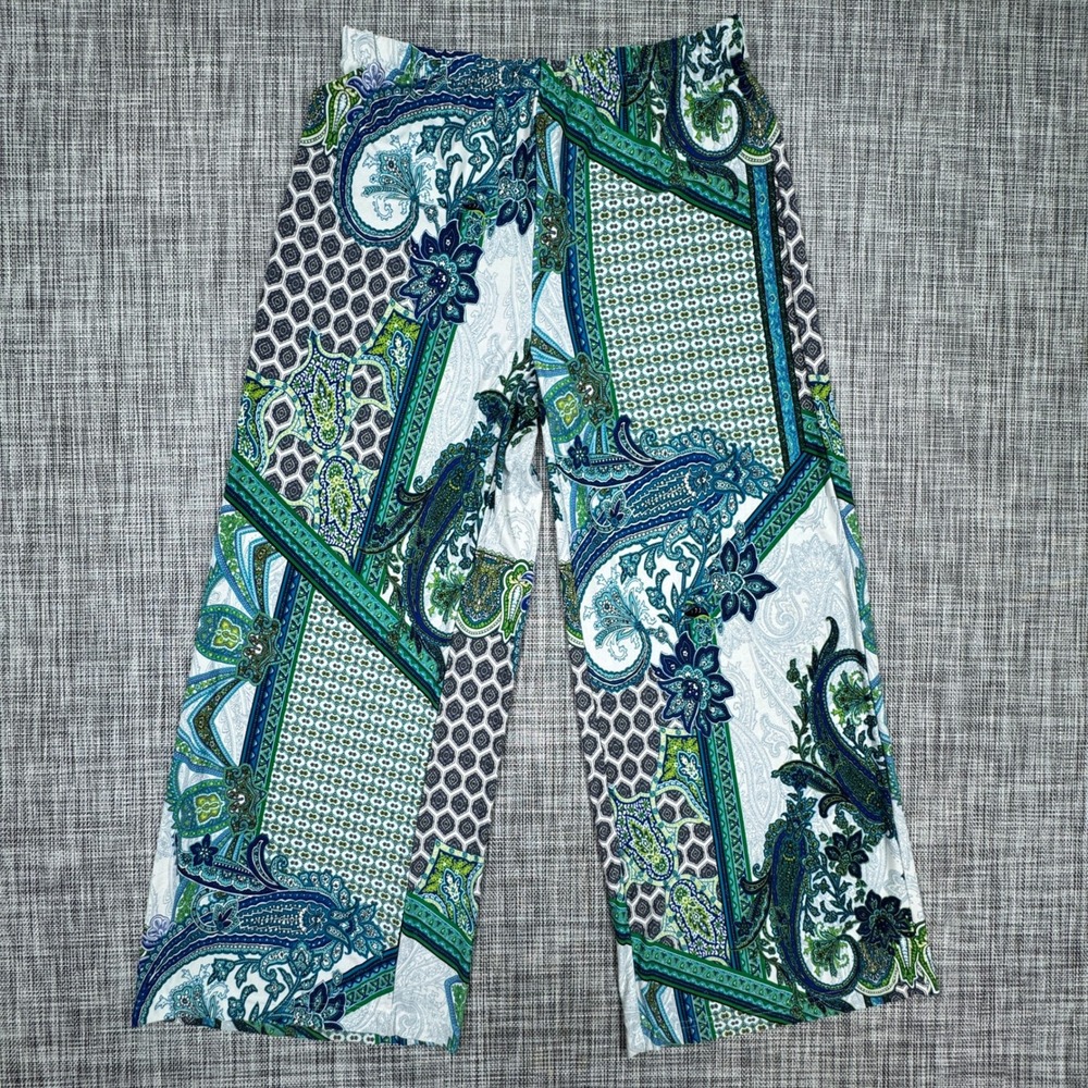 Chicos Palazzo Pants Womens 1R US 8 Blue Green Paisley Wide Leg Stretch Pull On